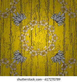 Golden textured curls. Colored pattern on yellow background with golden elements. Oriental style arabesques. Vector golden pattern.