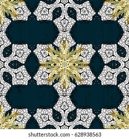 Golden textured curls. Colored pattern on blue background with golden elements. Oriental style arabesques. Vector golden pattern.