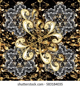 Golden textured curls. Oriental style arabesques. Vector golden pattern. Black background with golden elements.