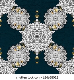 Golden textured curls. Oriental style arabesques. Vector golden pattern. Blue background with golden elements.