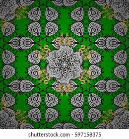 Golden textured curls. Pattern on green background with golden elements. Oriental style arabesques. Vector golden pattern.
