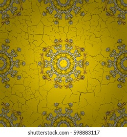 Golden textured curls. Pattern on yellow background with golden elements. Oriental style arabesques. Vector golden pattern.