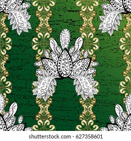 Golden textured curls. Pattern on green background with golden elements. Oriental style arabesques. Vector golden pattern.