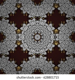 Golden textured curls. Pattern on brown background with golden elements. Oriental style arabesques. Vector golden pattern.