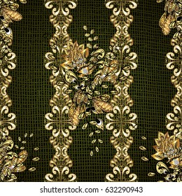 Golden textured curls. Pattern on green background with golden elements. Oriental style arabesques. Vector golden pattern.