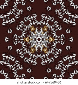 Golden textured curls. Pattern on brown background with golden elements. Oriental style arabesques. Vector golden pattern.