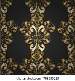 Golden textured curls. Pattern on dark and black colors with golden elements. Oriental style arabesques. Vector golden pattern.