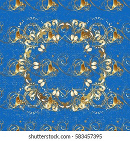 Golden textured curls. Vector golden pattern. Colored pattern on blue background with golden elements. Oriental style arabesques.