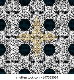 Golden textured curls. Vector golden pattern. Pattern on blue background with golden elements. Oriental style arabesques.