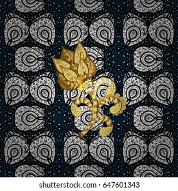 Golden textured curls. Vector golden pattern. Pattern on blue background with golden elements. Oriental style arabesques.