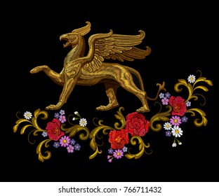 Golden textured embroidery griffin textile patch design. Fashion decoration ornament fabric print. Gold on black background legendary mythic fairy character lion eagle vector illustration