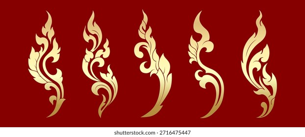 Golden Thai decoration flame elements set featuring traditional Thai flame motif with elegant flowing curves inspired by temple art and sacred ornament. Suitable for cultural pattern design=