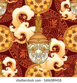 golden Thao Wessuwan inThai Khon mask pantomime with mandala vector seamless pattern with gold brown tone background 