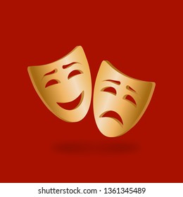 Golden theatrical masks of Comedy and tragedy on a red background. vector illustration - eps 10