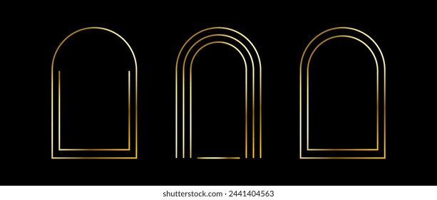 Golden Thin Arc Frame Set. Goldene geometrische Ränder im Art-Déco-Stil. Dünne lineare Bogen- und gekrümmte Formsammlung. Gelb leuchtende glänzende Bordelement-Packung. Vektorbündel für Foto, Kader, Poster