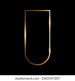 Golden thin frame in art deco style on a black background, Minimalistic vector arch geometric figure shining glare.
