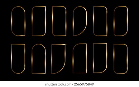 Golden thin frame in art deco style on a black background, Minimalistic vector arch geometric figure shining glare.