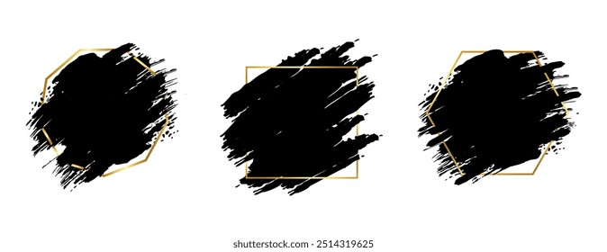 Golden thin frame with black brush masks. Set of grunge backgrounds with aesthetic border.
