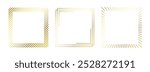 Golden thin frame set. Gold square borders in art deco style. Thin linear radiance rectangular element collection. Yellow glowing shiny boarder pack. Vector bundle for photo, cadre, poster, card 