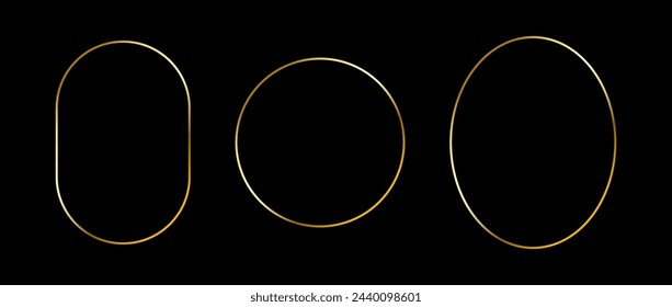 Golden thin frame set. Gold geometric borders in art deco style. Thin linear oval, circle, ellipse frames collection. Yellow glowing shiny boarder element pack. Vector bundle for photo, cadre, decor