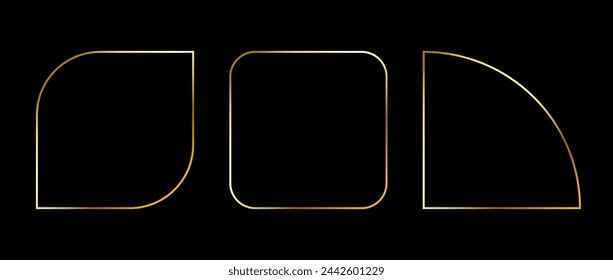 Golden thin frame set. Gold geometric art deco borders. Thin linear rounded and curved shape collection. Yellow glowing shiny boarder element pack. Vector bundle for photo, cadre, decoration, poster