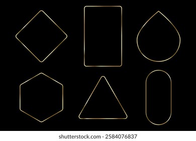 Golden thin frame set. Gold Geometric shapes borders in art deco style. Thin linear premium and luxury rectangular shape collection. Yellow glowing shiny border, element Vector for photo, card, poster