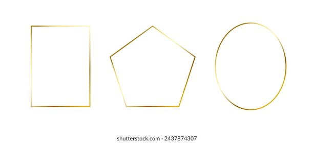 Goldene dünne Rahmen gesetzt. Goldene geometrische Ränder im Art-Déco-Stil. Dünne lineare Rechteck-, ovale und Pentagon-Sammlung. Gelb leuchtende glänzende Bordelement-Packung. Vektorbündel für Foto, Kader, Dekor