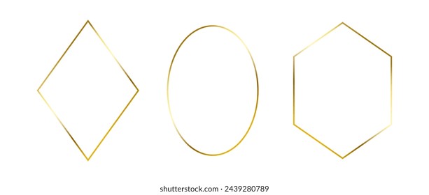 Goldene dünne Rahmen gesetzt. Goldene geometrische Ränder im Art-Déco-Stil. Dünne lineare Diamant-, Ellipsen- und Rhombus-Sammlung. Gelb leuchtende glänzende Bordelement-Packung. Vektorbündel für Foto, Kader, Dekor