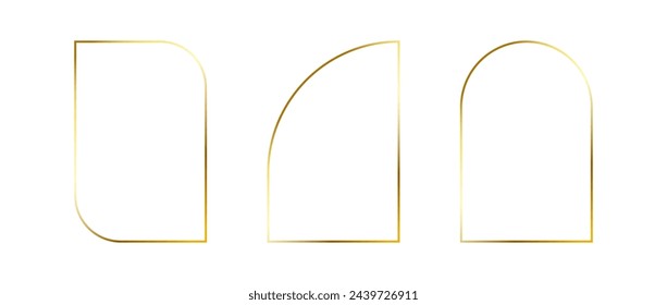 Golden thin frames set. Gold geometric borders in art deco style. Thin linear arch and curved shape collection. Yellow glowing shiny boarder element pack. Vector bundle for photo, cadre, decor, poster