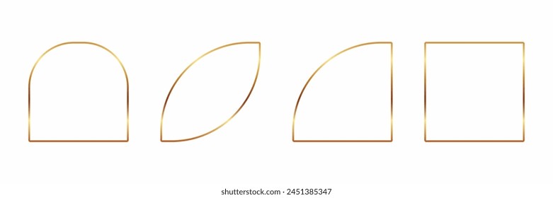 Golden thin frames set. Gold geometric borders in art deco style. Thin linear arch and curved shape collection. Yellow glowing shiny boarder element pack	