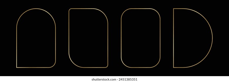 Golden thin frames set. Gold geometric borders in art deco style. Thin linear arch and curved shape collection. Yellow glowing shiny boarder element pack	