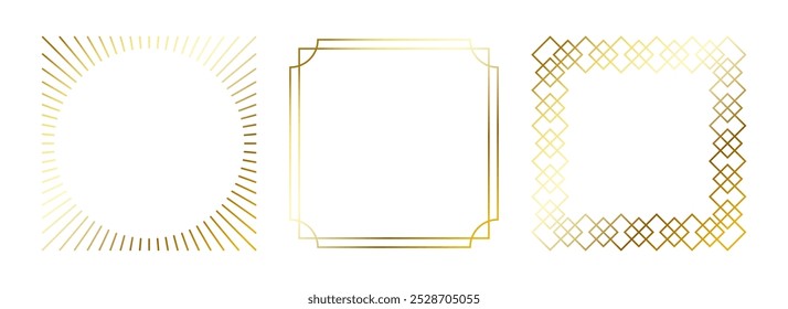 Golden thin frames set. Gold square borders in art deco style. Thin linear radiance rectangular elements collection. Yellow glowing shiny boarders pack. Vector bundle for photo, cadre, poster, card