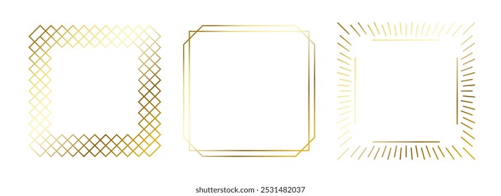 Goldene dünne Rahmen gesetzt. Goldene quadratische Ränder im Art-Deco-Stil. Sammlung von rechteckigen Elementen mit dünner linearer Ausstrahlung. Gelb leuchtende glänzende Bordpackung. Vektorbündel für Foto, Kader, Poster, Karte