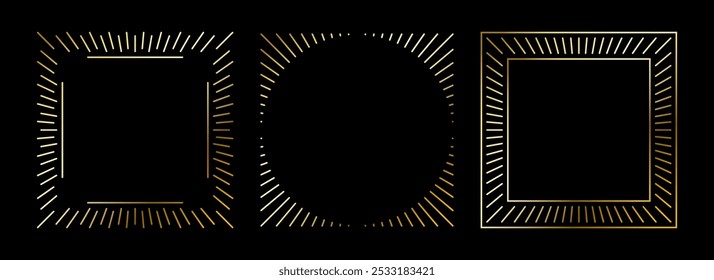 Golden thin frames set. Gold square borders in art deco style. Thin linear radiance rectangular element collection. Luxury glowing shiny boarder pack. Vector bundle for photo, cadre, poster, card, tag