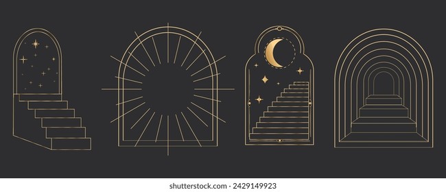 Golden thin line arch frame door stairs, sun and stars, mystic portal, astrology border, decoration, set minimal tatoo on dark background.