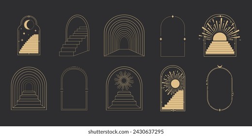 Golden thin line arch frame door stairs, sun and stars, mystic portal, astrology border, decoration, set minimal tatoo on dark background.