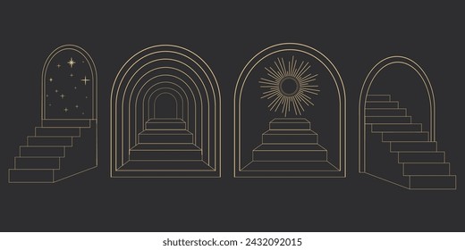 Golden thin line arch frame door stairs, sun and stars, mystic portal, astrology border, decoration, set minimal tatoo on dark background.