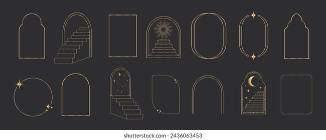 Escaleras de puerta de marco de arco de línea fina dorada, sol y estrellas, portal místico, borde astrológico, decoración, tatuaje mínimo establecido en fondo oscuro.