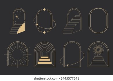 Golden thin line arch frame door stairs, sun and stars, mystic portal, astrology border, decoration, set minimal tatoo on dark background.