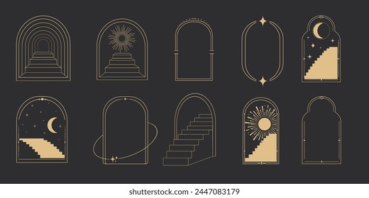 Golden thin line arch frame door stairs, sun and stars, mystic portal, astrology border, decoration, set minimal tatoo on dark background.