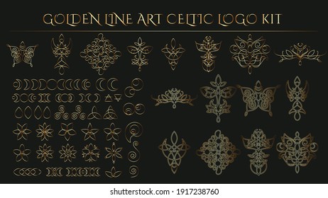 Golden thin line art celtic elven style vector logo kit. Collection of triquetra knot, spiral, floral and moons icons, abstract loop elements - esoteric and organic cosmetics concepts for branding