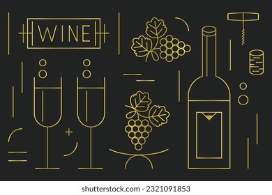 Golden thin line WINE bottle, glasses, banner, and grapes icons set on black background poster