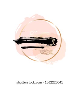 Golden thin round frame and rose, nude, gold, black hand drawn brush strokes and spots. Modern abstract design isolated on a white background. Vector design template for banner, card, cover, web.