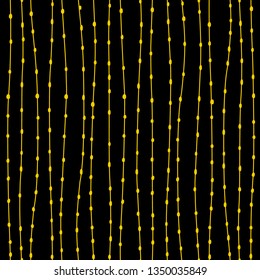 Golden threads with dots on black, stylized organic stripes seamless pattern, vector