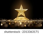 Golden three step podium with star glowing. Gold stage with glitter and light smoke on dark background. Hollywood fame in film and cinema or championship in sport vector illustration.