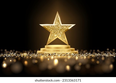 Golden three step podium with star glowing. Gold stage with glitter and light smoke on dark background. Hollywood fame in film and cinema or championship in sport vector illustration. - Shutterstock ID 2313363171