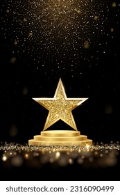 Golden three step podium with star glowing. Gold stage with glitter and light smoke on dark background. Hollywood fame in film and cinema or championship in sport vector illustration.