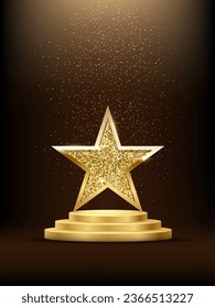 Golden three step podium with star glowing. Gold stage with glitter and light smoke on dark background. Hollywood fame in film and cinema or championship in sport vector illustration.