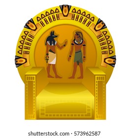 The Golden throne of the Egyptian Pharaoh with symbols and images of Anubis and Pharaoh isolated on white background. Cartoon vector illustration close-up.