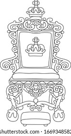 Golden throne of an emperor or a king ruling over a fairy kingdom, a symbol of autocratic power, black and white vector cartoon illustration for a coloring book page